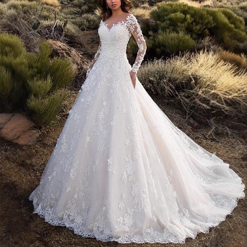 New women's lace wedding dress with train, flared evening gown