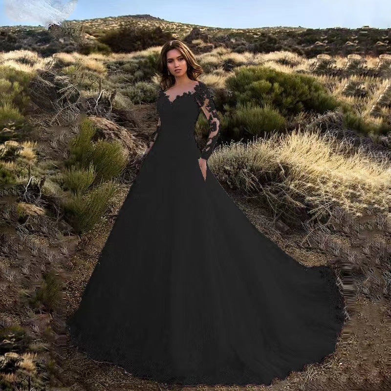 New women's lace wedding dress with train, flared evening gown