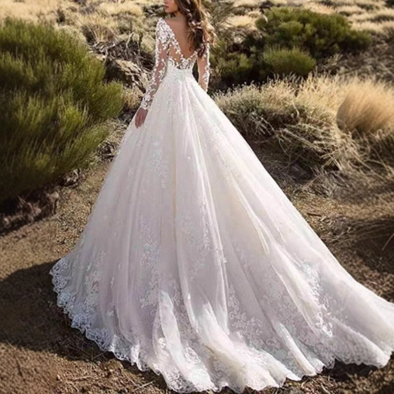 New women's lace wedding dress with train, flared evening gown