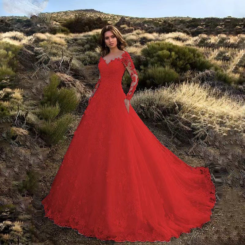 New women's lace wedding dress with train, flared evening gown