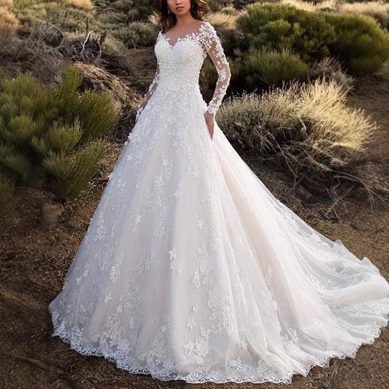 New women's lace wedding dress with train, flared evening gown