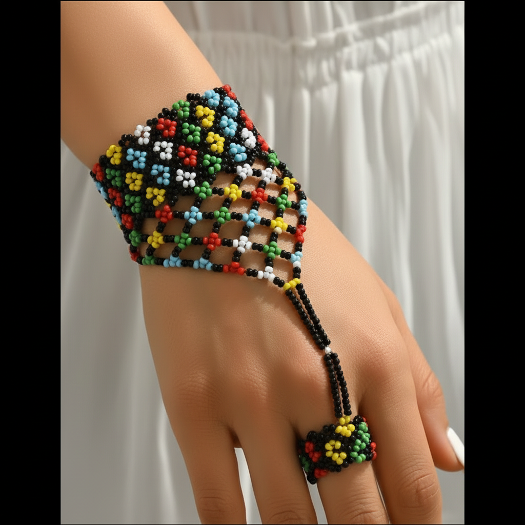African Beaded Hand Chain Bracelet with Ring – 2 Colours | Handcrafted Jewellery