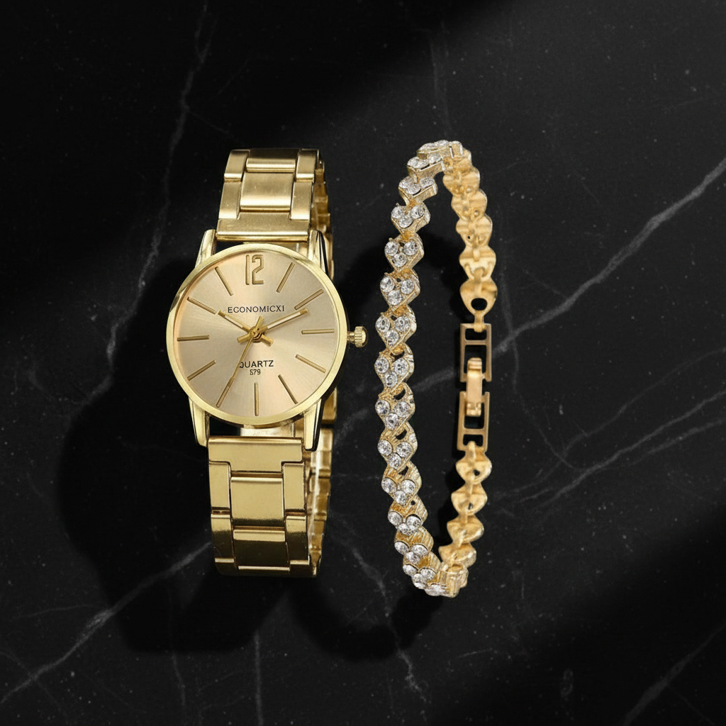 Ladies Gold Watch &amp; Crystal Heart Bracelet Set