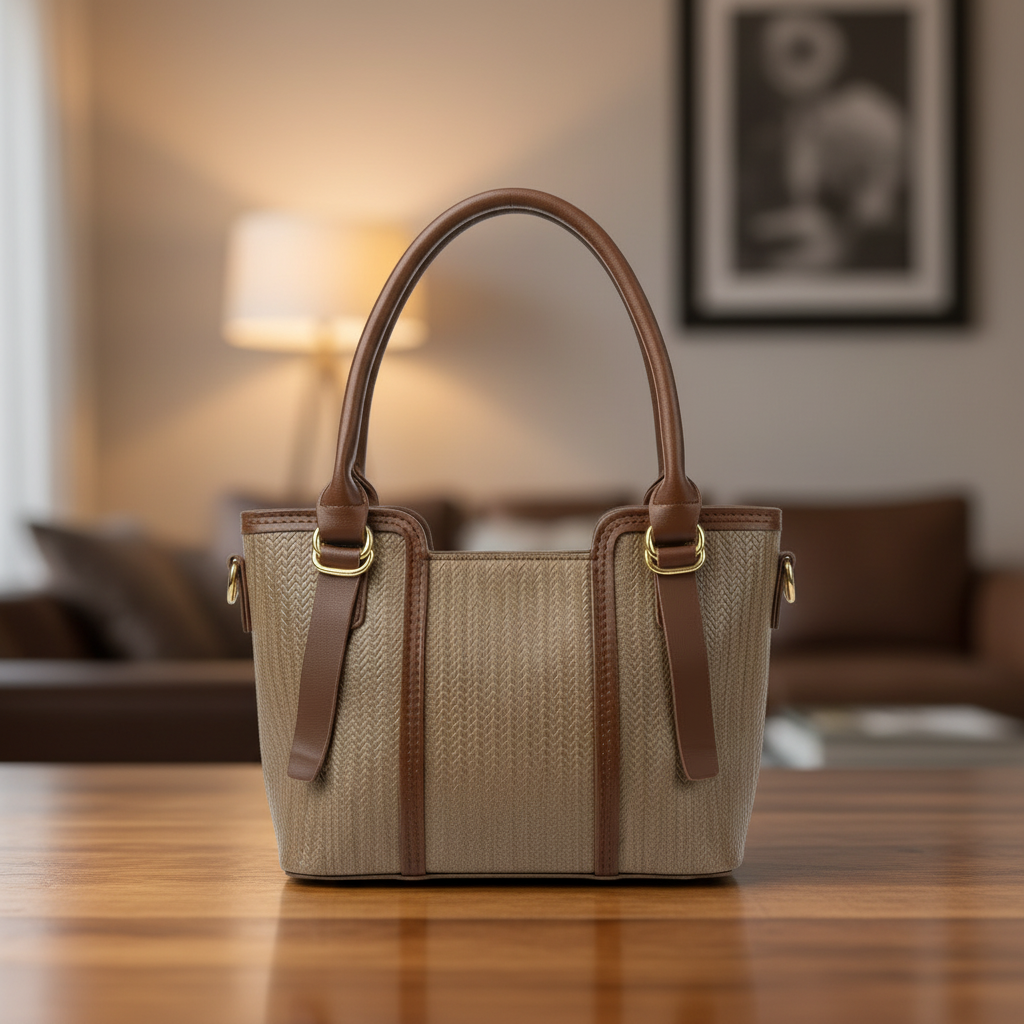 Luxe Woven Structured Tote Bag – Brown