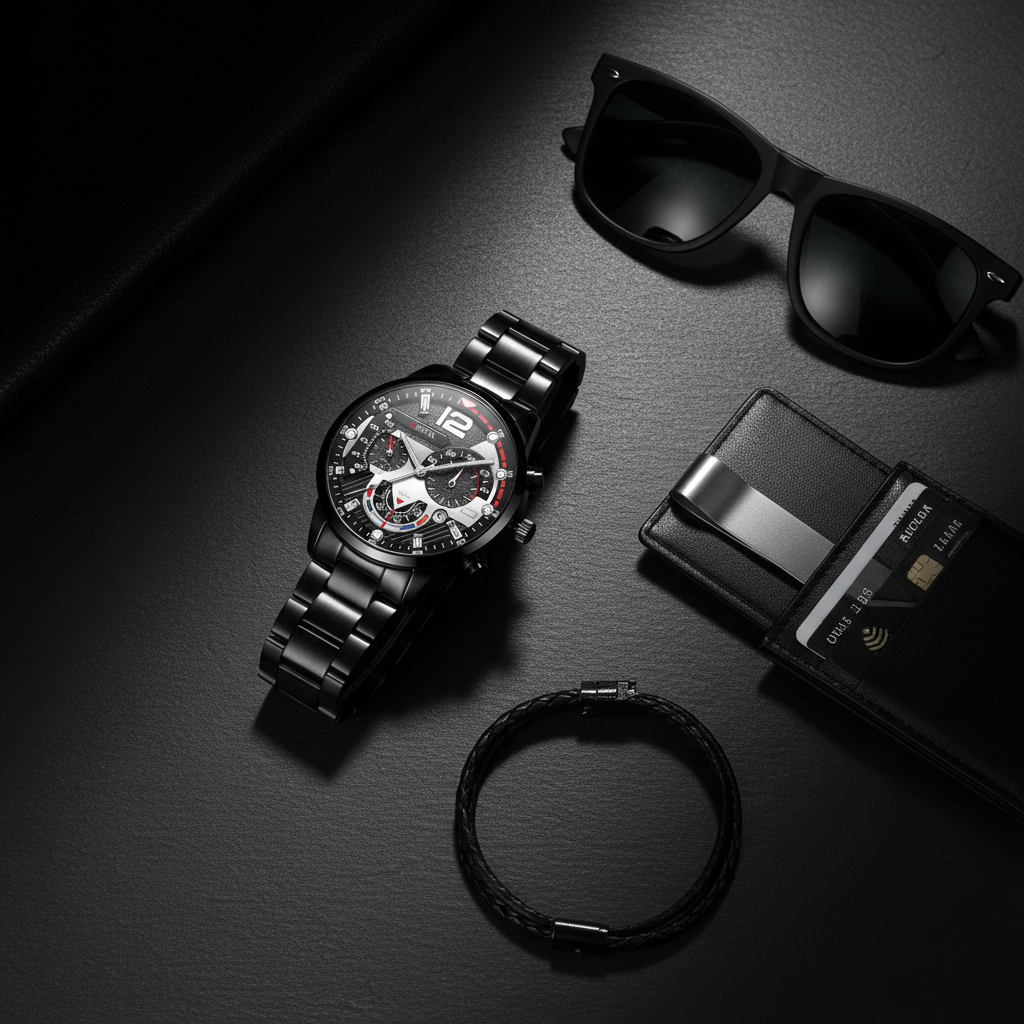 Geneva Men's Chronograph Watch – Black & Red Stainless Steel