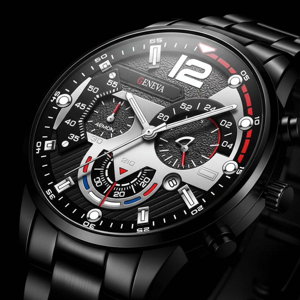 Geneva Men's Chronograph Watch – Black & Red Stainless Steel