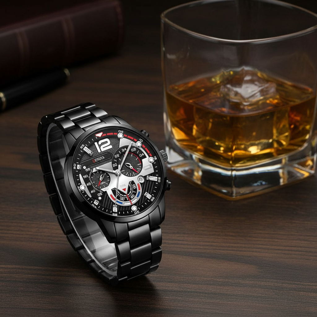 Geneva Men's Chronograph Watch – Black & Red Stainless Steel