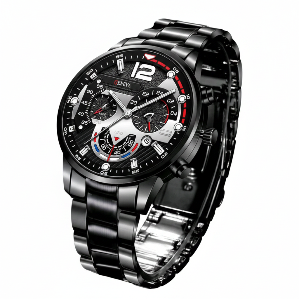 Geneva Men's Chronograph Watch – Black & Red Stainless Steel