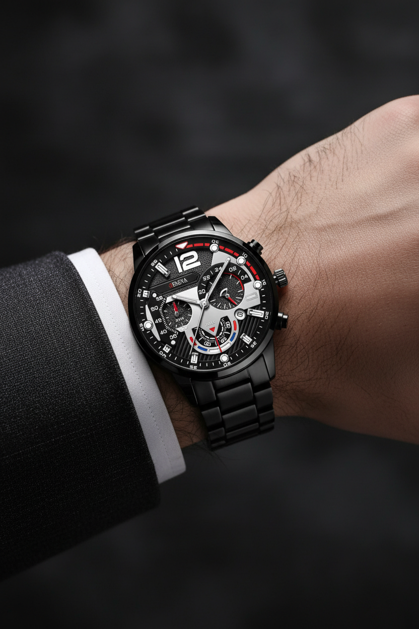 Geneva Men's Chronograph Watch – Black & Red Stainless Steel