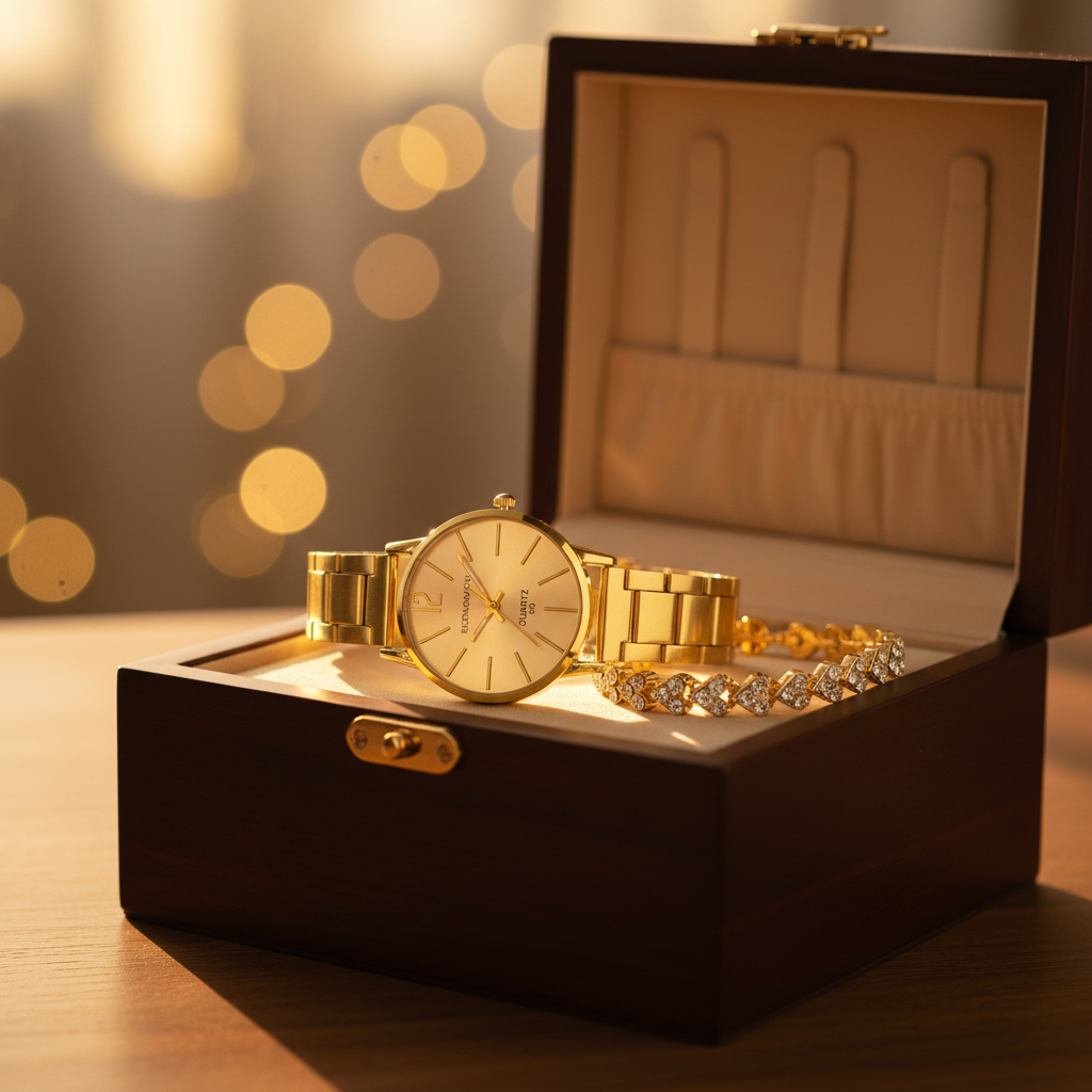 Ladies Gold Watch &amp; Crystal Heart Bracelet Set