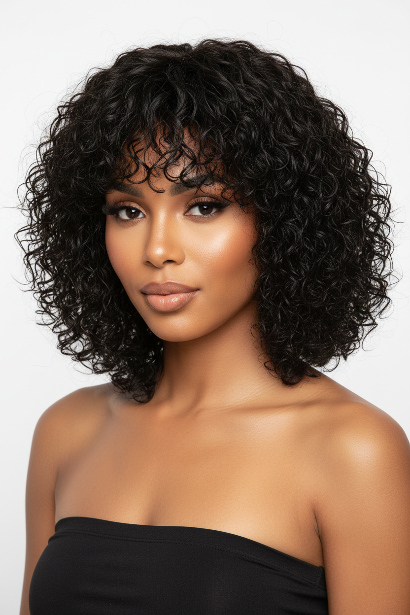 Short Curly Bob with Bangs White Background