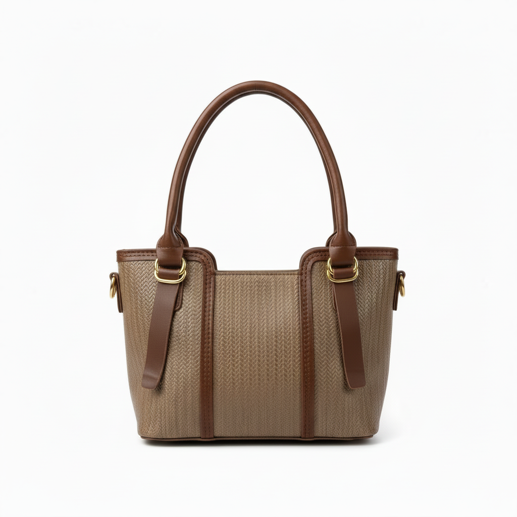 Luxe Woven Structured Tote Bag – Brown, white background