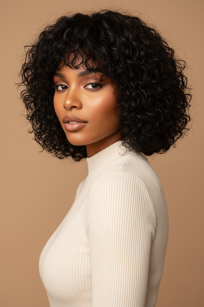 Short Curly Bob with Bangs Beige Background