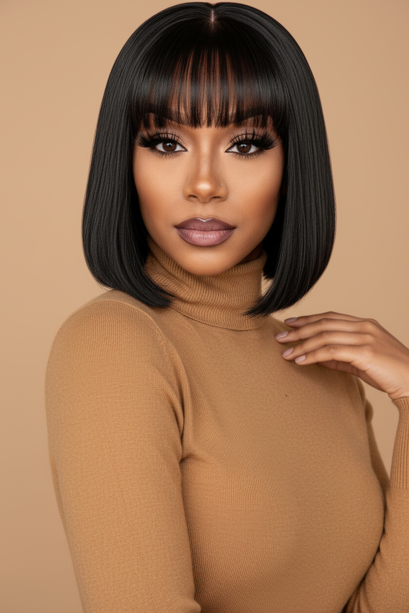 Straight Bob with Bangs Beige Background