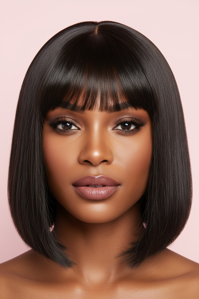Straight Bob with Bangs Pink Background