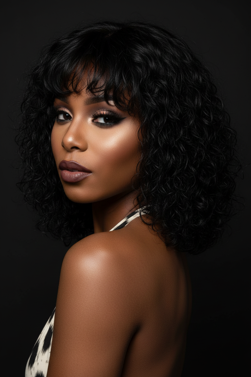 Short Curly Bob with Bangs Dark Moody