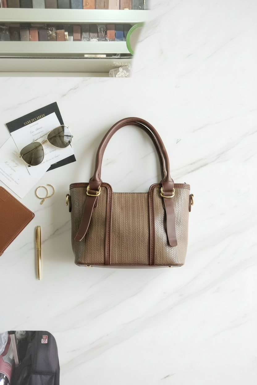 Luxe Woven Structured Tote Bag – Brown, marble flat lay