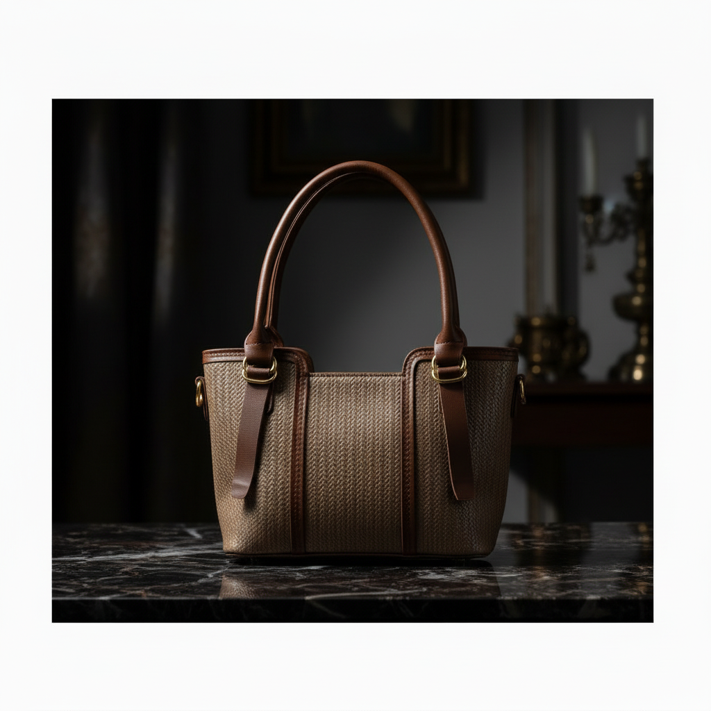 Luxe Woven Structured Tote Bag – Brown, dark luxury close-up