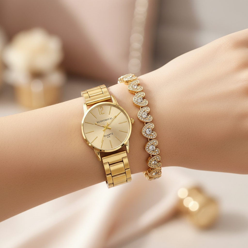 Ladies Gold Watch &amp; Crystal Heart Bracelet Set