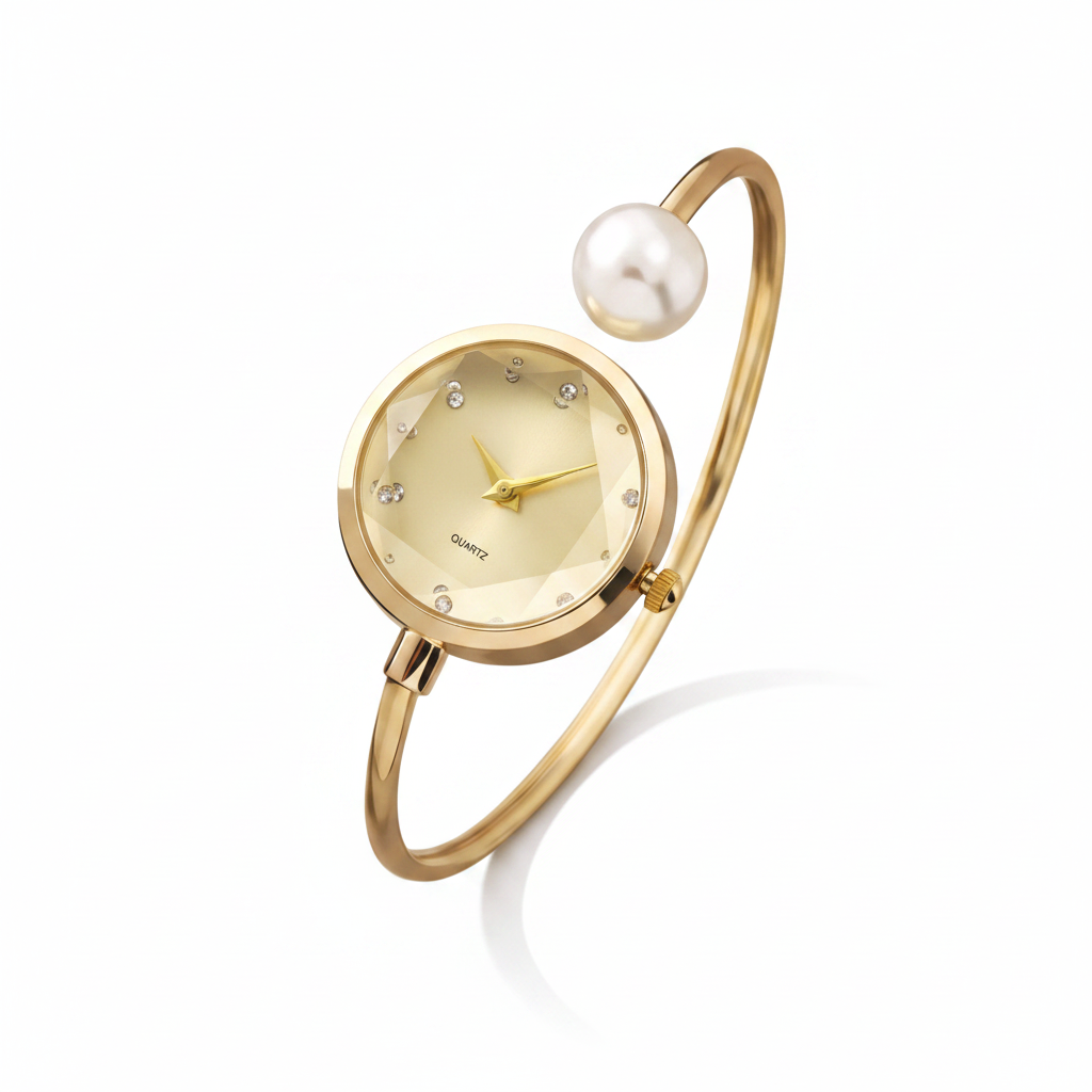 Women's Minimalist Pearl Bangle Watch – Gold Quartz Bracelet Watch