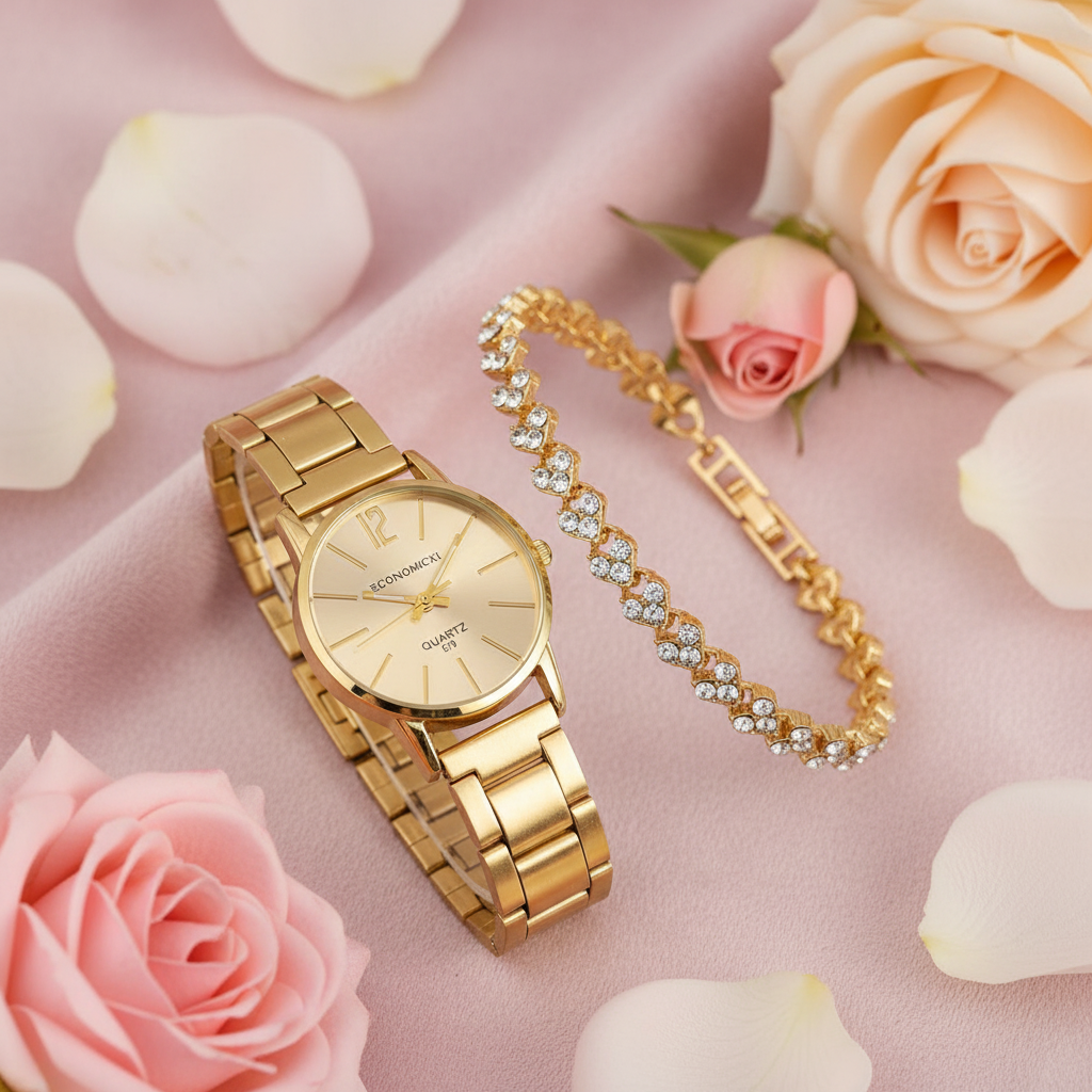Ladies Gold Watch &amp; Crystal Heart Bracelet Set