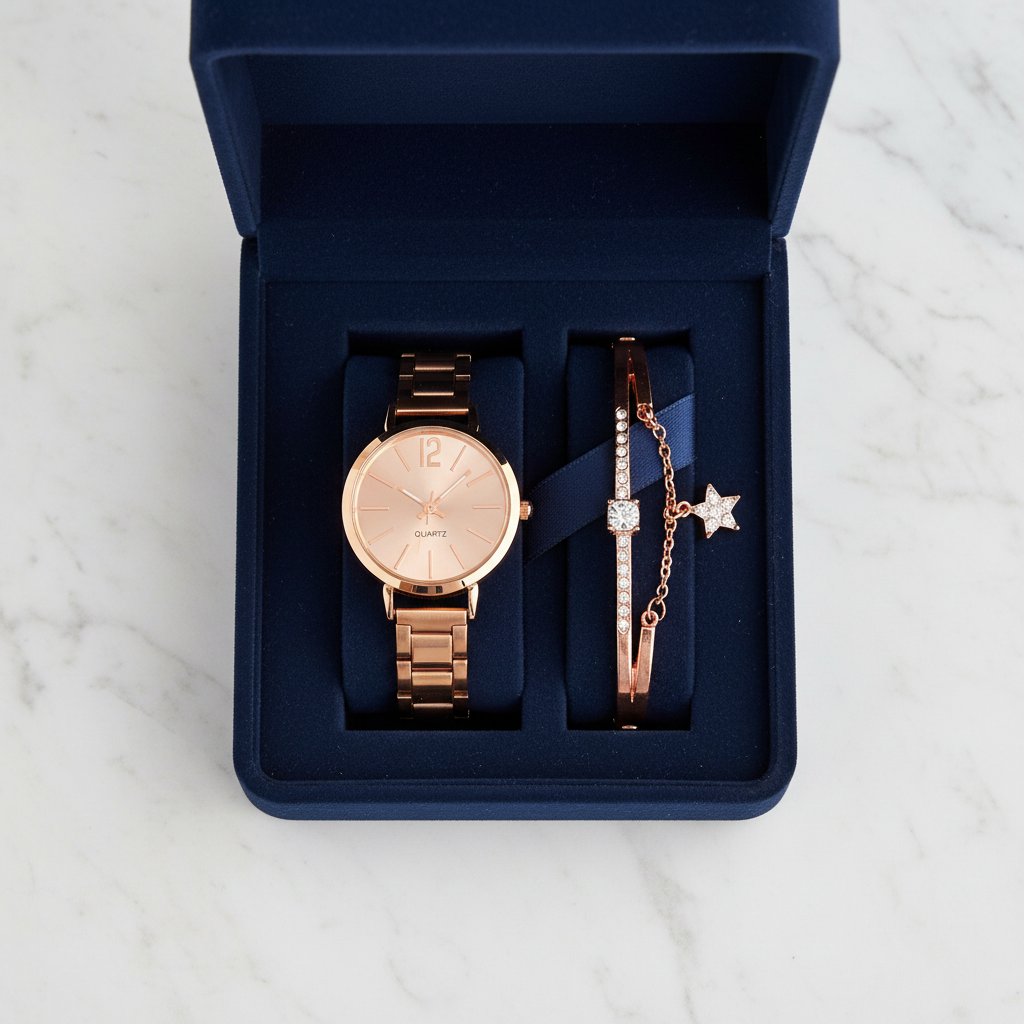 Women's Rose Gold Watch & Crystal Bracelet Set