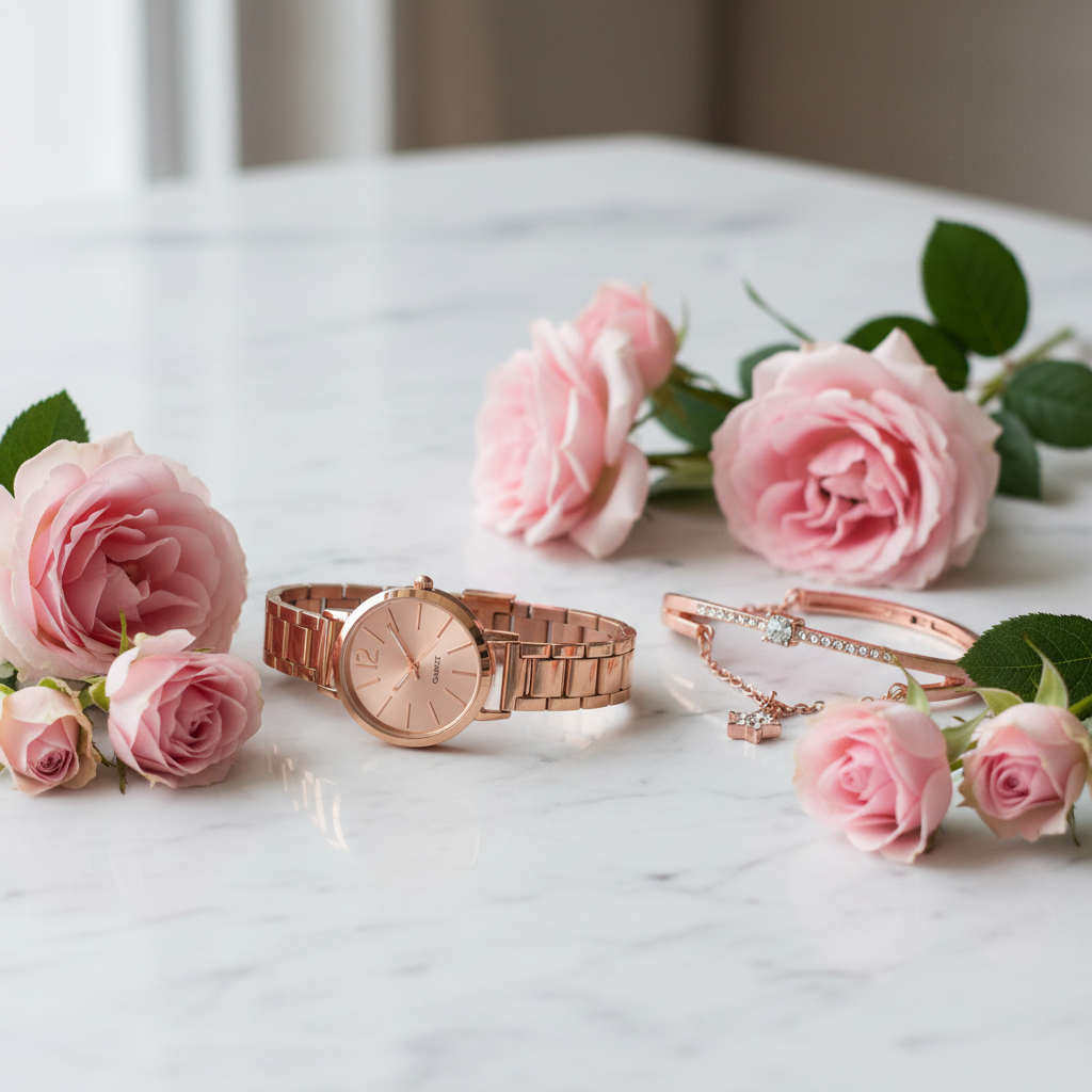 Women's Rose Gold Watch & Crystal Bracelet Set