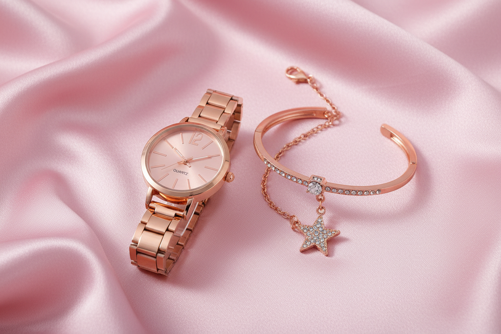 Women's Rose Gold Watch & Crystal Bracelet Set