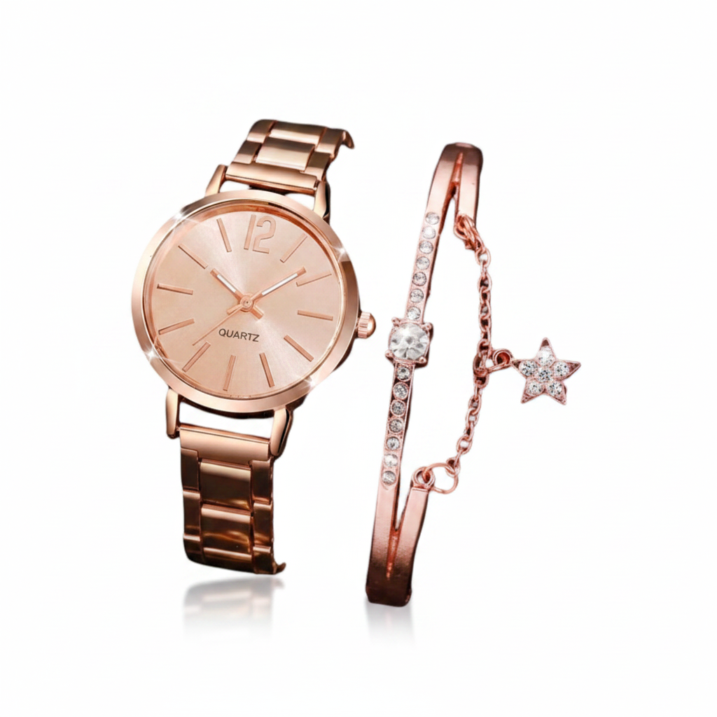 Women's Rose Gold Watch & Crystal Bracelet Set