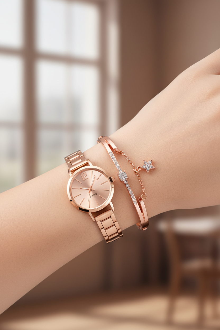 Women's Rose Gold Watch & Crystal Bracelet Set